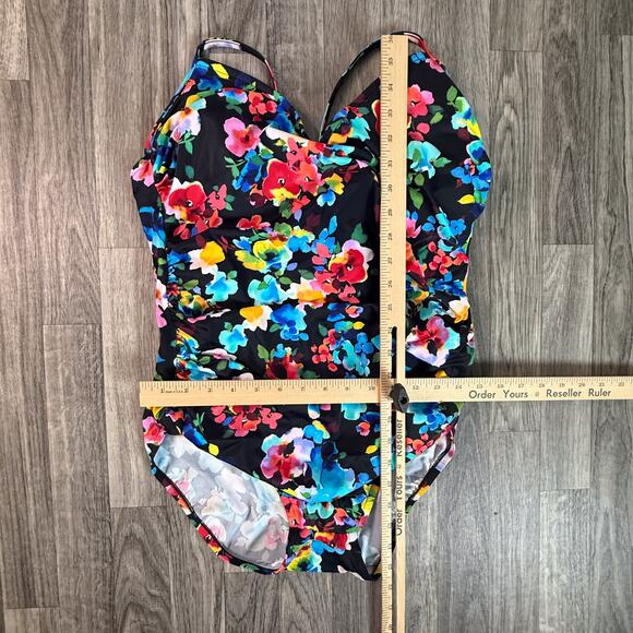 Aqua Green Floral One Piece Swimsuit XL Black Multicolor Ruched Cut-Out Back - Picture 5 of 5